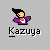 Pixel art icon of a character with black hair and purple clothing holding a red-and-white object, below which is the text 'Kazuya' in pixelated font.
