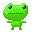 A 3-frame pixel art contact sheet of a green cartoon frog character with varying poses and expressions on a gray background.