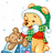 Pixelated cartoon bear in green elf hat and red scarf holds brown teddy bear against white background with blue snowflakes, next to red with green text
