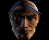 A sequence of four animated frames showing a stylized male head in profile, wearing a blue baseball cap with red text on the front.