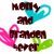 Pixelated icon with 'Hotty and Brandon' text, blue heart outline, pink winged shape, green leaf-like elements in two color variations.