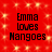 Red background with yellow sparkles and four identical text blocks reading "Emma loves Mangoes" in black pixelated font.