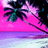 Animated tropical beach scene with palm trees against pink sky and purple water, transitioning between two distinct states.