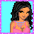 Pixel art contact sheet showing a female character in pink bikini with accessories across four frames, including full-body view and text panel.