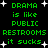 Green pixelated text on black background reads "DRAMA is like PUBLIC RESTROOMS it sucks" with white starbursts scattered around, repeated in two