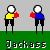 Pixel art animation of two stick figures boxing, one in yellow shirt and red gloves, the other in blue shirt with black pants.