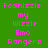Pixelated text "Foshizzle my Wizzle Emo Rangers" displayed in four quadrants with varying background colors and letter spacing.