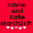 Red background with black pixelated text reading "Xavier And Katie March26th" and five white/pink heart symbols below.