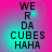 Pixelated text "WE R DA CUBES HAHA" on a pink and cyan gradient background with shifting light effects.