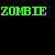 Green pixelated text 'ZOMBIE' appears twice on a black background, with three zombie figures in blue and white clothing visible to the right.