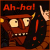 Pixelated cartoon robot with brown body, yellow horns, and wide eyes laughing with 'Ah-ha!' text above, holding a black shield with red marks.