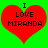 Two identical red heart shapes on a bright green background with black text reading "I LOVE MIRANDA" inside each heart.