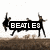 Animated pixel art of four figures dancing on a brown ground line with white background, text changes from "BEATLES" to "ARE" to "LOVE."