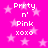 Pixelated pink background with white stars and repeated text "Prtty n' Pink xoxo" in four identical sections.
