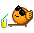 Animated orange fish-like character with black sunglasses, reclining on a brown chair next to a yellow drink with green straw.