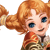 Pixelated character with orange hair in a ponytail, blue eyes, and a patterned red-and-gold outfit stands beside 'LINEAGE II' text on a dark background.