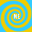 Four identical spiral patterns with alternating blue and yellow rings, each containing the text "NE" at center.