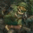 Pixelated figure in green attire with brown accents, holding a light-colored object against dark background.