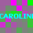 Pixelated of purple, green, and pink squares with repeated cyan text "CAROLINE" across two horizontal bands