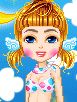 Pixelated cartoon-style icon of a girl with blonde hair in pigtails wearing a colorful bikini top against a blue sky background with white clouds and wing-like shapes.