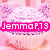 Pixelated icon with pink background and text 'JemmaP19' in pink rectangle, blue text 'Is The' over colorful hearts, and purple text 'Best=]' over rainbow and clouds.