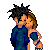 Pixel art of two cartoon characters embracing, one with spiky black hair and blue clothing, the other with brown hair in a teal off-shoulder top, against a gray background.