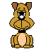 Pixelated cartoon dog with brown fur, black collar, and light pink chest sits against gray background; eyes shift from open to closed across frames.