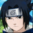 Pixelated anime-style character with dark blue hair, silver headband featuring a spiral symbol, and light skin, set against a blurred background with blue and green tones.