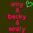 A dark green background displays pink text listing 'amy & becky & emily' with a small green heart symbol above the first name.