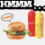 Pixelated image with four distinct sections: top-left shows a hamburger, ketchup, and mustard bottles; top-right features a person in a striped shirt; bottom-left displays a grayscale face with green text; bottom-right is empty.