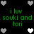 Green pixelated text reads "i luv souki and tori" on black background with gray and white heart icons arranged around edges.