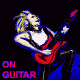 Animated sequence of a person with long blonde hair playing red electric guitar, wearing white sleeveless top and black pants against dark background.
