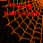 Red 'Happy Halloween' text overlaid on an orange web-like pattern with a gray on the right