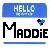 Pixelated blue banner with 'HELLO' text above large black 'Maddie' text and a small blue heart symbol on a white background.