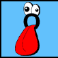 A cartoon character with large white eyes and black pupils, a red teardrop-shaped body, and a black circular neck against a light blue background.