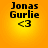 Four identical pixelated text icons on gradient orange-yellow background with 'Jonas Gurlie' and '<3' symbols.