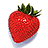 Pixelated strawberry with green leaves on white background, red text reading "chelsea likes strawberries!" and "strawberries are yummy!!" on bright green