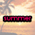 Pixelated beach sunset background with palm trees and pink text reading 'summer', 'ohh', 'eight', and '<3' in four corners.