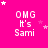 A bright pink background displays repeated white text "OMG It's Sami" with scattered star symbols in various positions across the