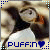 Pixelated static icon of a penguin with black, white, and brown coloring wearing a bow tie, positioned above blue text reading "PUFFIN" with a heart symbol.