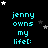 Pixelated cyan text 'jenny owns my life:' on black background with scattered white and gray stars, repeated in a pattern with slight star position variations