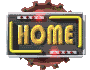 Animated sequence of a neon-style 'HOME' sign with yellow lettering inside a black rectangular frame, surrounded by red and brown gear-like elements on a gray background.