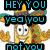 Animated pixel art of a yellow cartoon character with a sombrero, multiple text overlays in blue and black, and a gray rectangular area on the right.