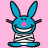 Pixelated blue bunny mascot with pink nose and striped body on solid pink background, static single-frame icon.
