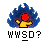 Pixelated icon with blue flame-like shape surrounding red circle and yellow hand, below which is black-and-white pixel text reading 'WWSD?'.