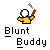 Pixelated character in yellow shirt holds brown torch with red tip, emitting gray smoke above a gray background; text reads "Blunt Buddy" below.