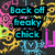 Pixelated text phrases in cyan, green, and red over a dark background with colorful abstract patterns.