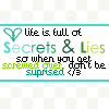 Static pixel art icon with teal border and checkered background containing text about life's secrets and lies, a heart symbol, and stylized lettering in multiple colors.