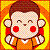 Pixelated cartoon character with brown hair, red cheeks, and orange clothing against a yellow-orange gradient background.