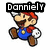 Pixelated Mario character in blue overalls, red shirt, and red cap with white 'M' logo; two versions show text above or below the figure.